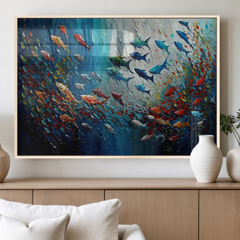 89626-MGV-FP-60X30-3P_Natural-Fish Swarm Wall Art Canvas Print, Framed Abstract Ocean Art Picture Print, Underwater Life Perfect Vibrant Coastal Decor Artwork