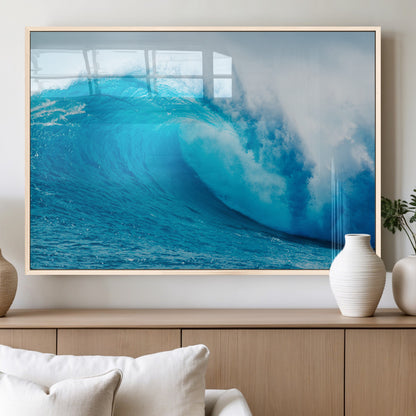 15566-MGV-FP-36X24-3P_Natural-Ocean Wave Wall Art Canvas Print, Framed Curling Wave Art Picture Print, Vibrant Surf Wave Perfect Coastal Surf Decor Artwork