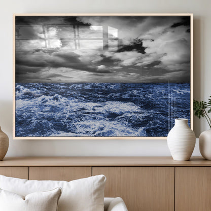 91043-MGV-FP-36X24-3P_Natural-Stormy Ocean Wall Art Canvas Print, Framed Moody Seascape Art Picture Print, Monochrome Sea Perfect Coastal Drama Decor Artwork