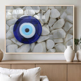 48883-MGV-FP-36X24-3P_Natural-Evil Eye Wall Art – Deep Blue Symbol of Presence and Calm on White Stones, Subtle Spiritual Decor for Entryway, Studio, Office or
