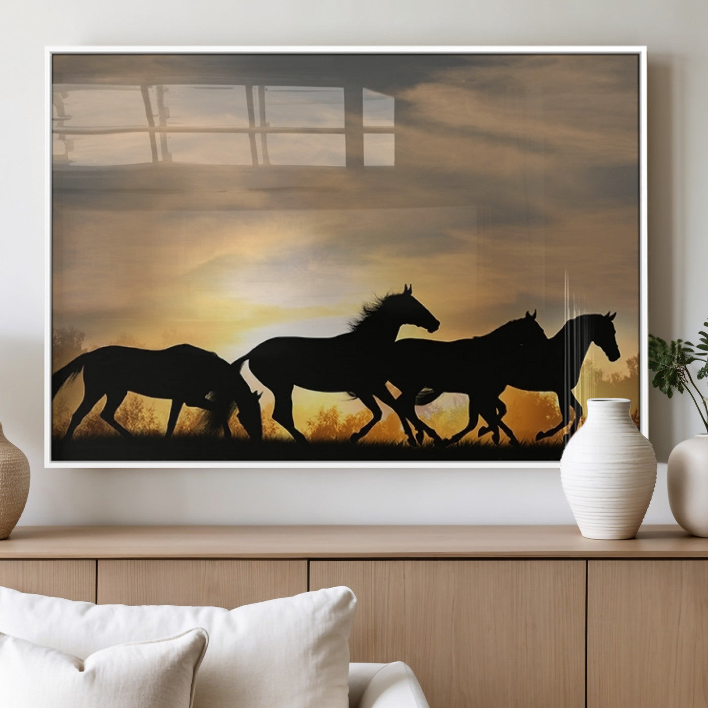 16620-MGV-FP-36X24-3P_White-Sunset Stallions Wall Art – Silhouetted Horses Running Canvas Print, Nature’s Rhythm, Perfect for Living Room, Office, or Man Cave