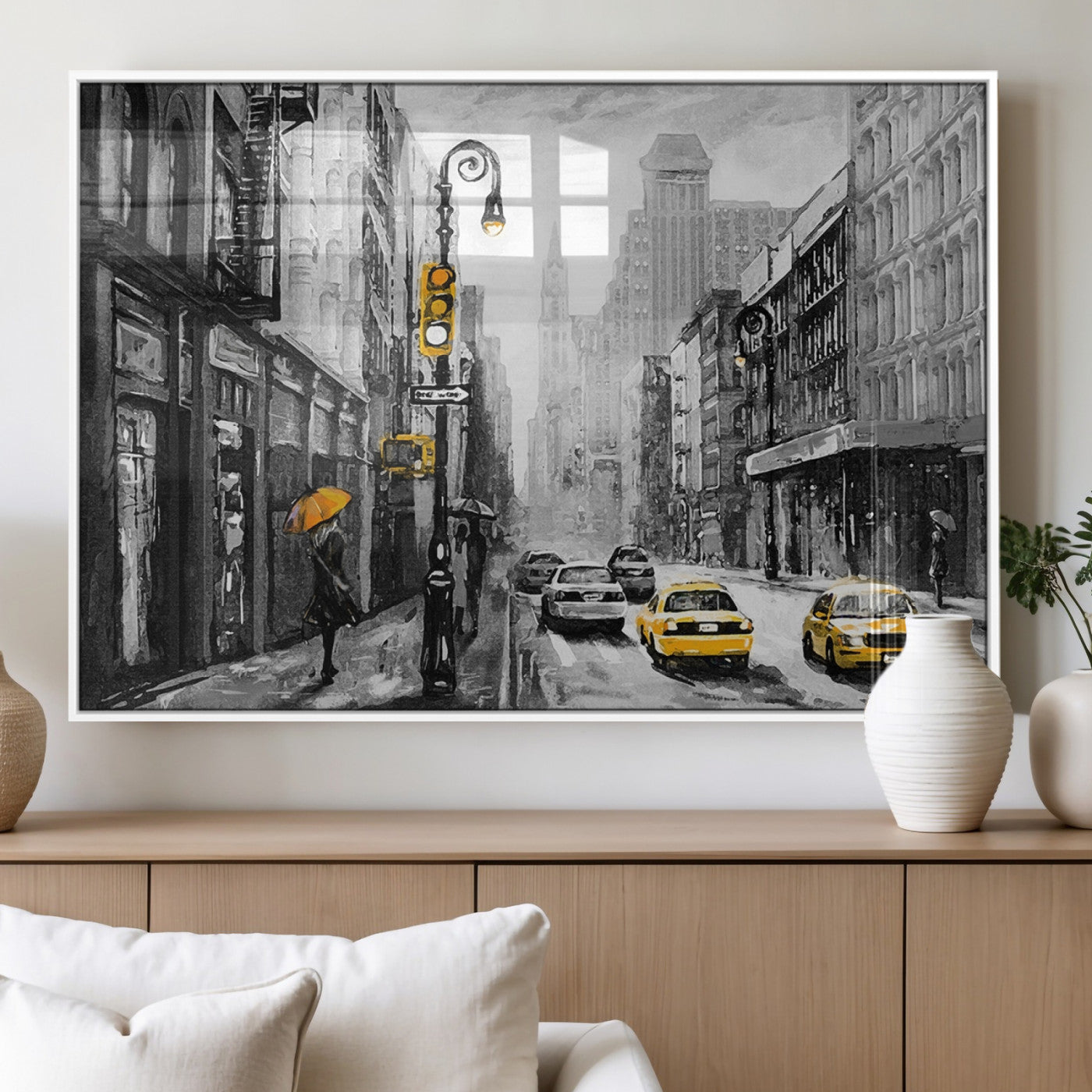 32362-MGV-FP-36X24-3P_White-NYC Street Wall Art – Black and White Cityscape with Yellow Taxis and Umbrella Canvas Print, Urban Home Decor for Living Room or