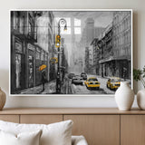 32362-MGV-FP-36X24-3P_White-NYC Street Wall Art – Black and White Cityscape with Yellow Taxis and Umbrella Canvas Print, Urban Home Decor for Living Room or