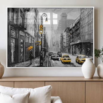 32362-MGV-FP-36X24-3P_White-NYC Street Wall Art – Black and White Cityscape with Yellow Taxis and Umbrella Canvas Print, Urban Home Decor for Living Room or