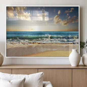 13139-MGV-FP-36X24-3P_White-Sunrise Beach Wall Art – Ocean Waves and Golden Sand Canvas Print, Coastal Home Decor for Living Room, Bedroom, or Office