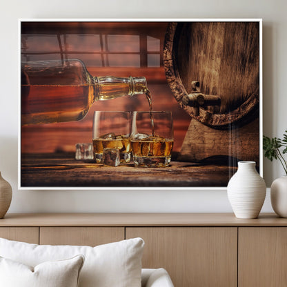 52458-MGV-FP-36X24-3P_White-Whiskey Pour Wall Art – Elegant Whiskey Bottle Pouring into Glasses Canvas Print, Refined Bar or Lounge Decor for Home, Office, or