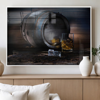 78049-MGV-FP-36X24-3P_White-Whiskey Barrel Wall Art – Rustic Whiskey Barrel and Glass with Ice Canvas Print, Classic Bar or Lounge Decor for Home, Office, or
