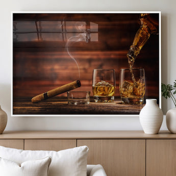 91042-MGV-FP-36X24-3P_White-Whiskey & Cigar Wall Art – Elegant Whiskey Pour and Smoldering Cigar Canvas Print, Sophisticated Bar or Lounge Decor for Home,