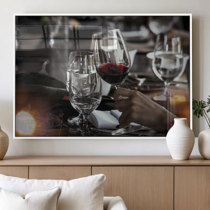 75513-MGV-FP-36X24-3P_White-Elegant Wine Toast Wall Art – Close-Up Red Wine Glass at Dinner Table Canvas Print, Sophisticated Dining Room or Bar Decor