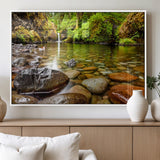 98096-MGV-FP-36X24-3P_White-Serene River Waterfall Nature Photo – Calm Clear Water, Vibrant Green Forest and Smooth Stones Landscape Wall Art for Home or