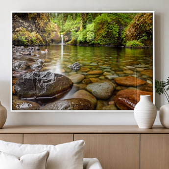 98096-MGV-FP-36X24-3P_White-Serene River Waterfall Nature Photo – Calm Clear Water, Vibrant Green Forest and Smooth Stones Landscape Wall Art for Home or