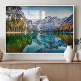 10402-MGV-FP-36X24-3P_White-Snowy Mountain Lake Wall Art – Autumn Landscape Canvas Print with Reflection, Nature Decor for Living Room, Office, Bedroom or