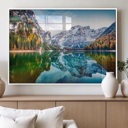 10402-MGV-FP-36X24-3P_White-Snowy Mountain Lake Wall Art – Autumn Landscape Canvas Print with Reflection, Nature Decor for Living Room, Office, Bedroom or