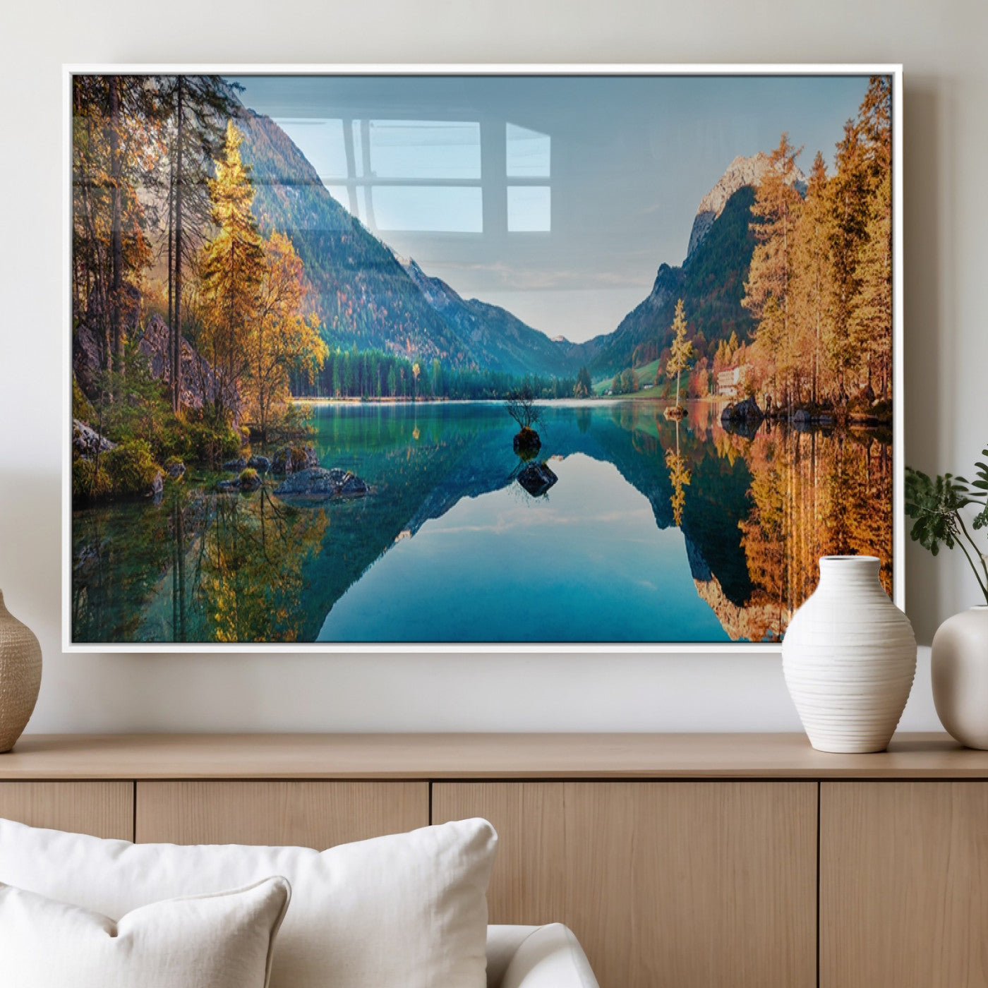 32962-MGV-FP-36X24-3P_White-Mountain Lake Wall Art – Tranquil Autumn Landscape Canvas Print, Nature Reflection Decor for Living Room, Bedroom, Office or Cabin