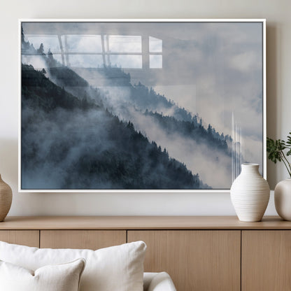 85737-MGV-FP-36X24-3P_White-Misty Mountain Wall Art – Atmospheric Pine Forest Canvas Print with Fog and Mist, Calm Nature Decor for Living Room, Bedroom,