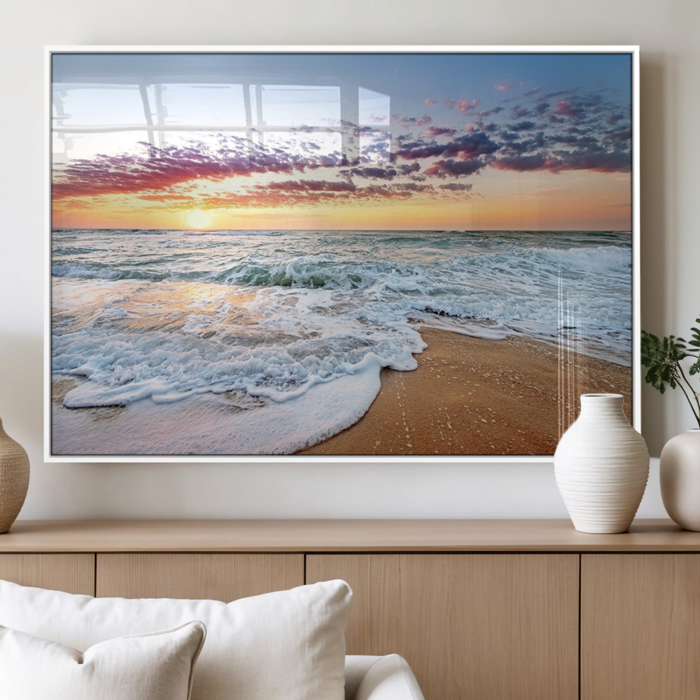 39560-MGV-FP-36X24-3P_White-Sunrise Beach Wall Art – Vibrant Ocean Waves and Golden Sand Canvas Print, Seaside Coastal Decor for Living Room, Bedroom or