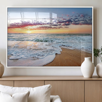 39560-MGV-FP-36X24-3P_White-Sunrise Beach Wall Art – Vibrant Ocean Waves and Golden Sand Canvas Print, Seaside Coastal Decor for Living Room, Bedroom or