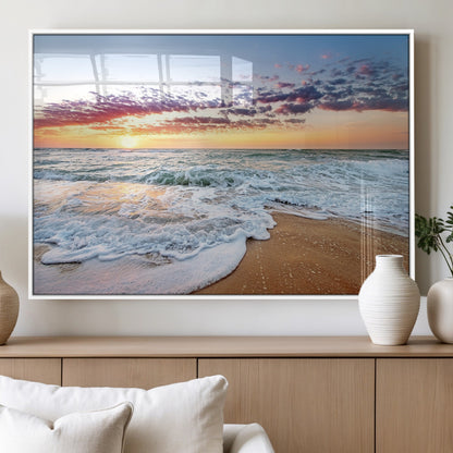 39560-MGV-FP-36X24-3P_White-Sunrise Beach Wall Art – Vibrant Ocean Waves and Golden Sand Canvas Print, Seaside Coastal Decor for Living Room, Bedroom or