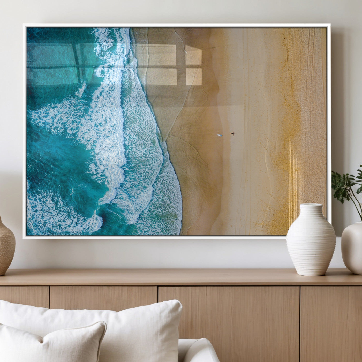 46640-MGV-FP-36X24-3P_White-Aerial Beach Wall Art – Turquoise Waves and Golden Sand Canvas Print with Lone Surfer, Coastal Ocean Decor for Living Room,