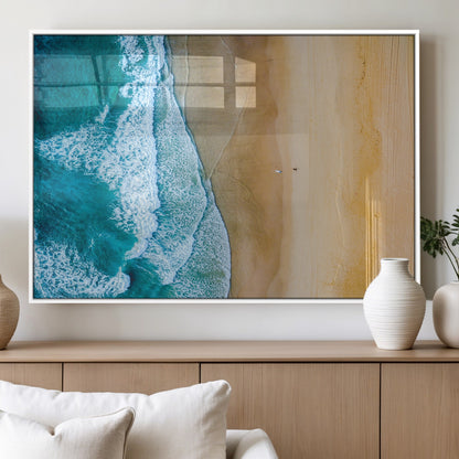 46640-MGV-FP-36X24-3P_White-Aerial Beach Wall Art – Turquoise Waves and Golden Sand Canvas Print with Lone Surfer, Coastal Ocean Decor for Living Room,