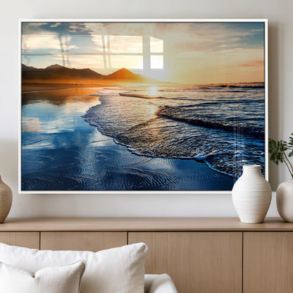 86173-MGV-FP-36X24-3P_White-Golden Sunset Beach Wall Art – Reflective Ocean Canvas Print with Mountains and Waves, Coastal Nature Decor for Living Room,