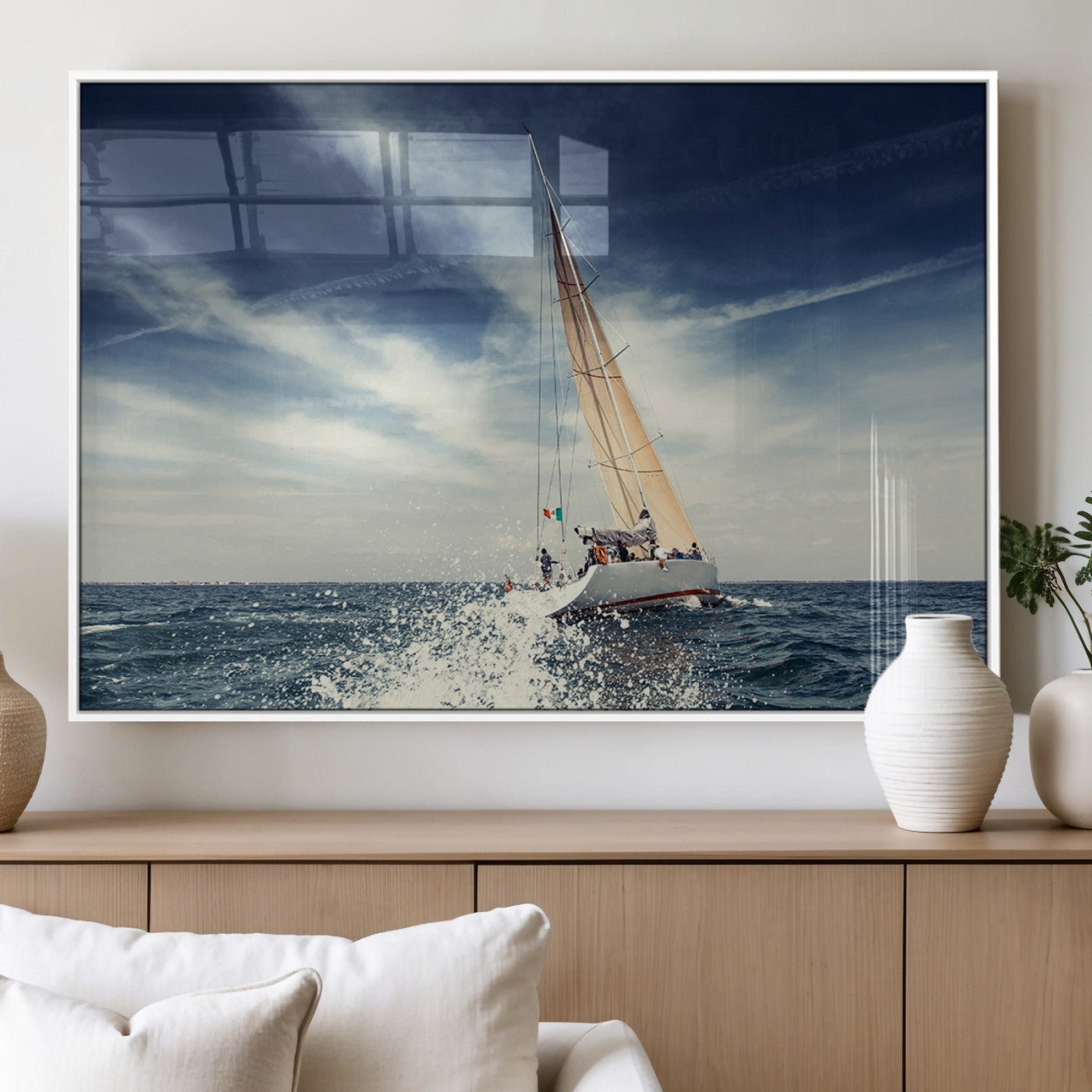 75430-MGV-FP-36X24-3P_White-Sailing Boat Wall Art – Dynamic Ocean Yacht Canvas Print, Nautical Decor for Living Room, Office, Beach House or Cabin
