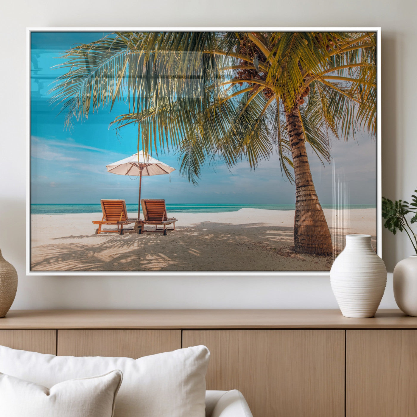 69754-MGV-FP-36X24-3P_White-Tropical Beach Wall Art – Relaxing Palm Tree and Lounge Chairs Canvas Print, Serene Coastal Decor for Living Room, Bedroom, Office
