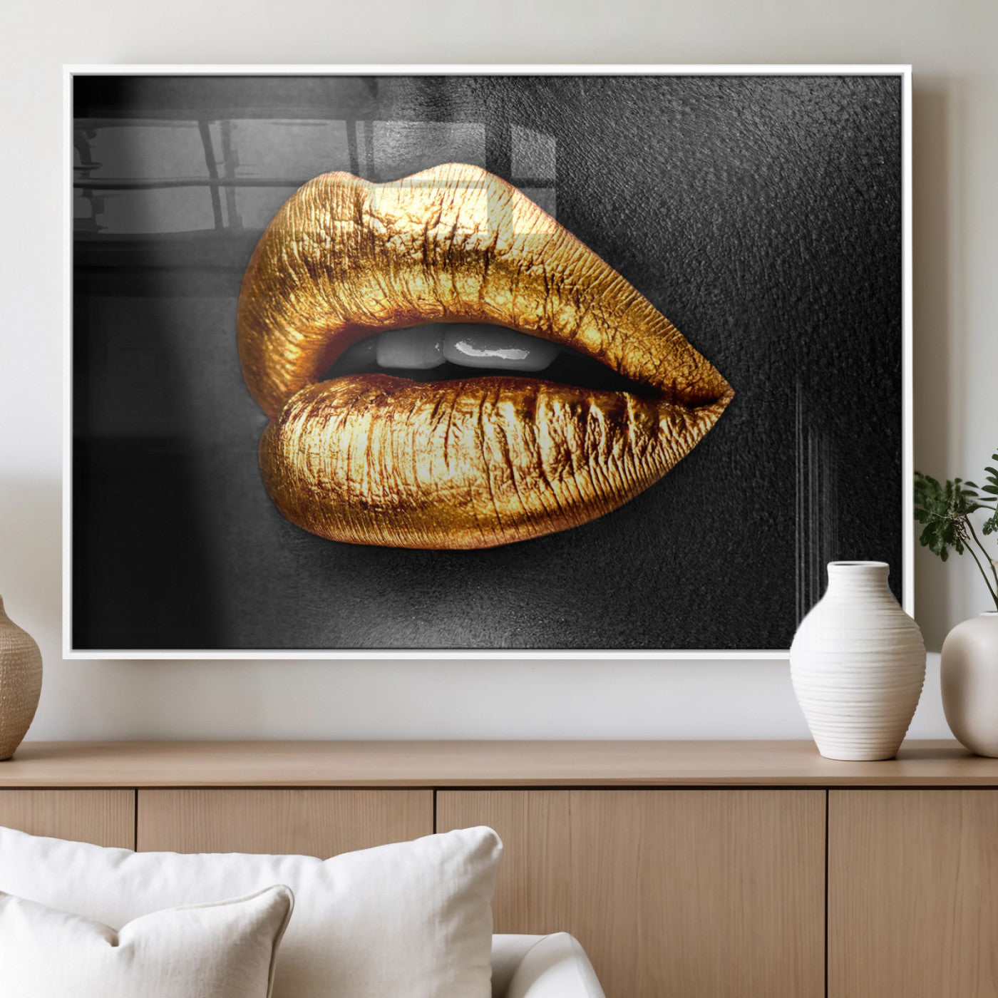 84747-MGV-FP-36X24-3P_White-Golden Lips Black & White Portrait – Glamorous Metallic Lip Art Print, Modern Wall Decor for Bedroom, Beauty & Fashion Lover Gift