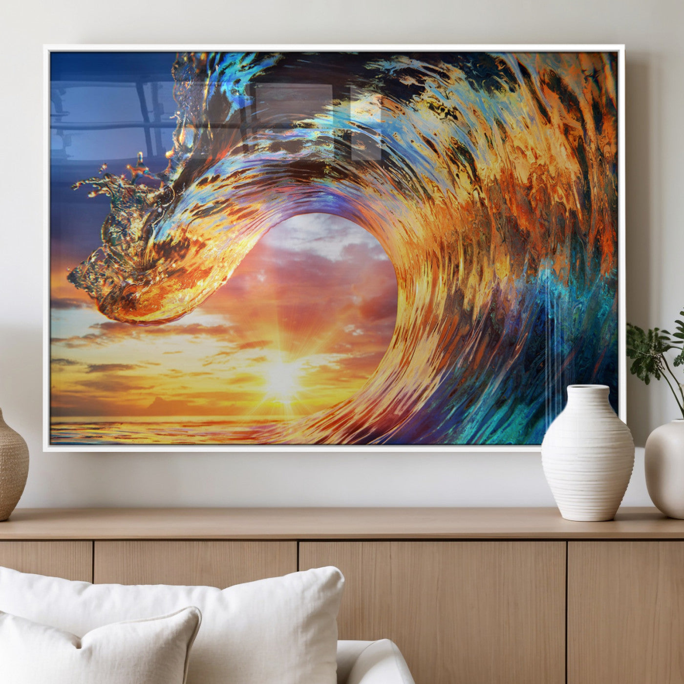 52890-MGV-FP-36X24-3P_White-Surfing Wave Wall Art Canvas Print, Framed Sunset Ocean Art Picture Print, Ocean Wave Perfect Nautical Decor Artwork