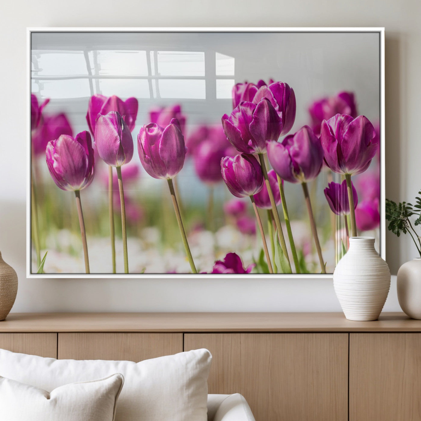 30632-MGV-FP-36X24-3P_White-Purple Tulip Field Wall Art – Beautiful Spring Flowers Canvas Print with Soft Focus and Bright Sky, Ideal Floral Decor for Home or