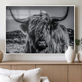97372-MGV-FP-36X24-3P_White-Elegant Highland Cow Wall Art – Black and White Canvas Print, Rustic Nature Decor for Home, Office, Living Room or Man Cave
