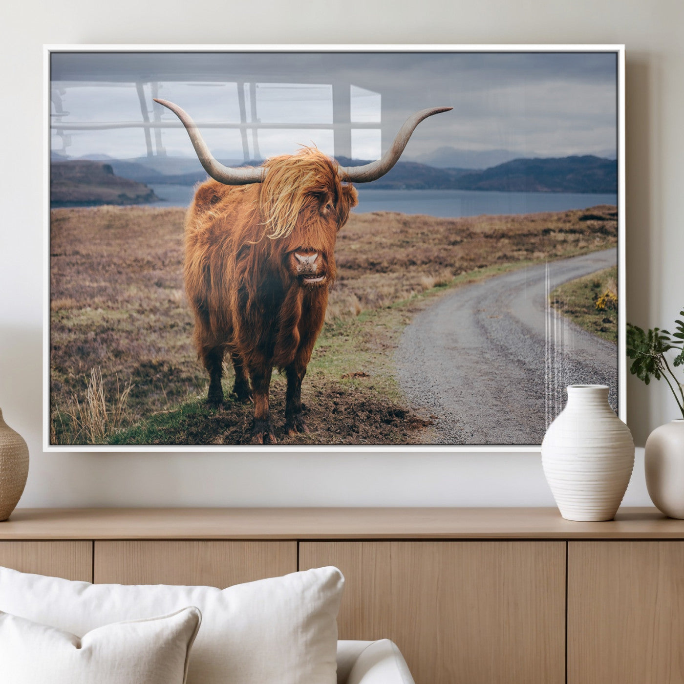56121-MGV-FP-36X24-3P_White-Rustic Highland Cow Wall Art – Panoramic Nature Canvas Print, Perfect Decor for Home, Office, Living Room or Man Cave