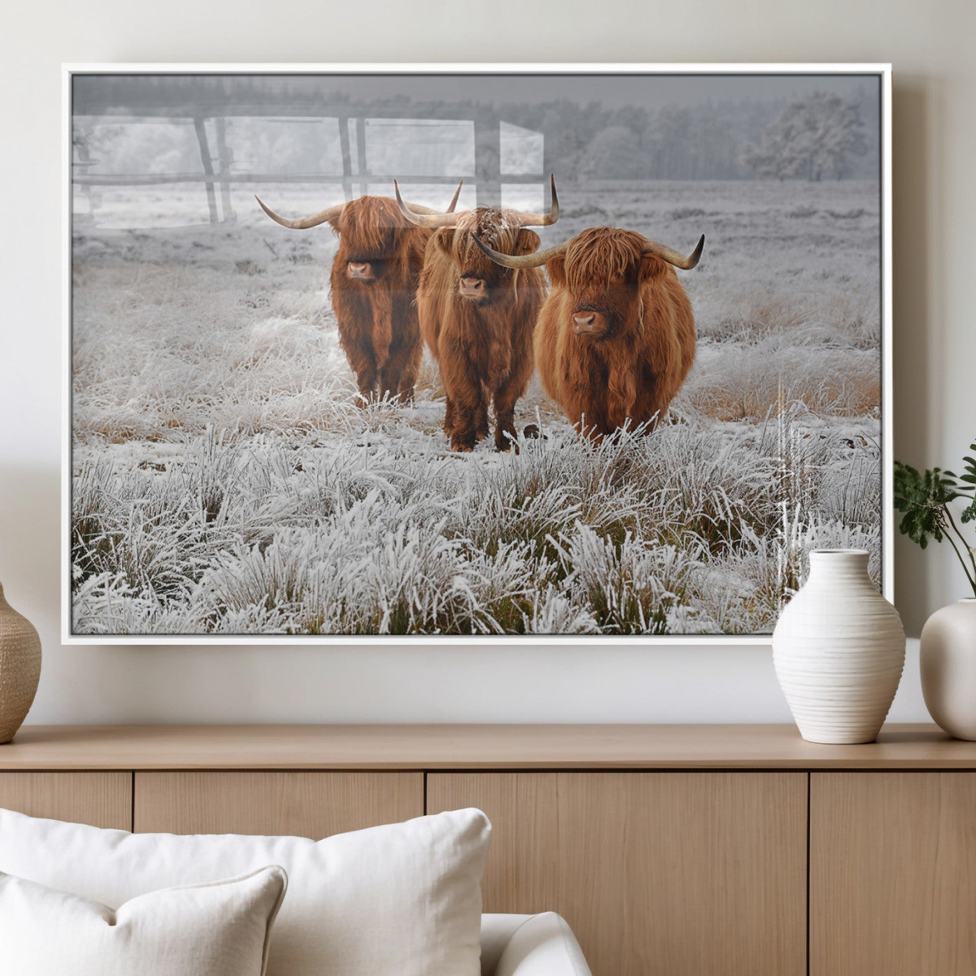 10396-MGV-FP-36X24-3P_White-Highland Cattle Wall Art – Rustic Winter Landscape Canvas Print, Farmhouse Decor for Living Room, Office, Cabin or Country Home