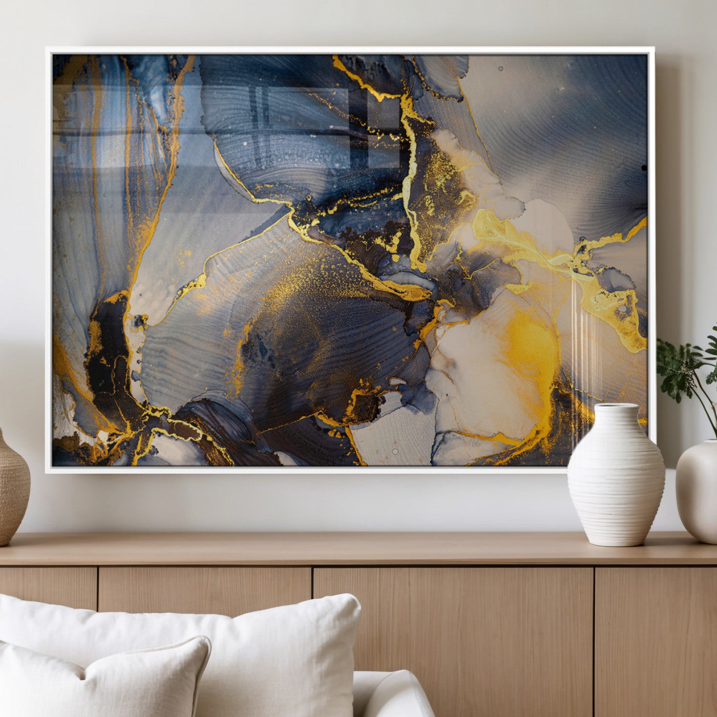 42100-MGV-FP-36X24-3P_White-Golden Flow Abstract Wall Art – Panoramic Modern Blue and Gold Canvas Print, Contemporary Artistic Decor for Home, Office