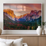 24519-MGV-FP-36X24-3P_White-Yosemite Valley Sunset Wall Art – Majestic Mountain Landscape with Waterfall and Vibrant Sky, Nature Photography for Home or