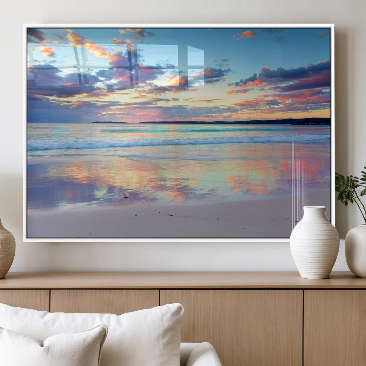 64882-MGV-FP-36X24-3P_White-Tranquil Sunset Beach Wall Art – Panoramic Ocean Reflection Canvas Print, Calm Coastal Decor for Bedroom, Living Room or Office