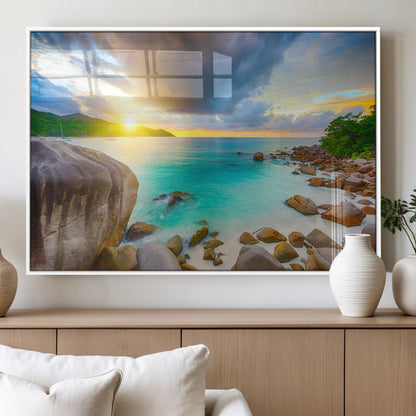 23769-MGV-FP-36X24-3P_White-Tropical Beach Sunset Wall Art – Serene Ocean Canvas Print, Coastal Landscape Decor for Living Room, Bedroom or Office, Peaceful