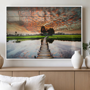 29105-MGV-FP-36X24-3P_White-Rustic Wooden Bridge Wall Art – Scenic Sunset Over Rice Fields and Reflective Water Canvas Print, Nature Landscape Decor for