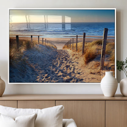 31889-MGV-FP-60X30-3P_White-Sandy Beach Pathway Wall Art – Coastal Dune Fence and Ocean View Canvas Print, Relaxing Seaside Landscape Decor for Living Room or