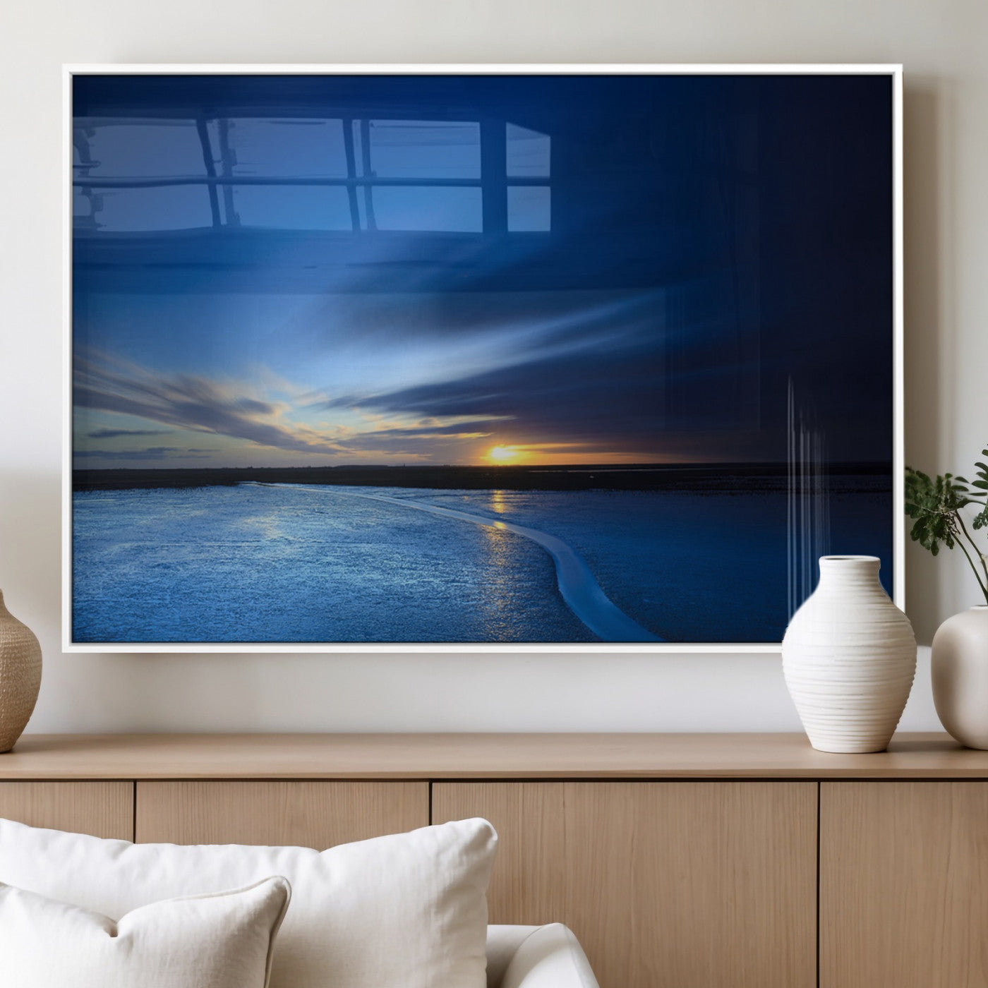 65405-MGV-FP-60X30-3P_White-Blue Sunrise Seascape Wall Art – Tranquil Ocean Horizon Canvas Print with Golden Sunlight and Deep Sky, Coastal Landscape Decor