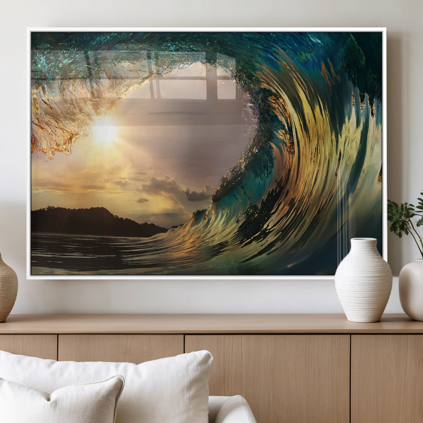 38256-MGV-FP-60X30-3P_White-Ocean Wave Wall Art – Stunning Sunrise Through Curling Wave Canvas Print, Coastal Surf Photography Seascape Decor for Living Room,