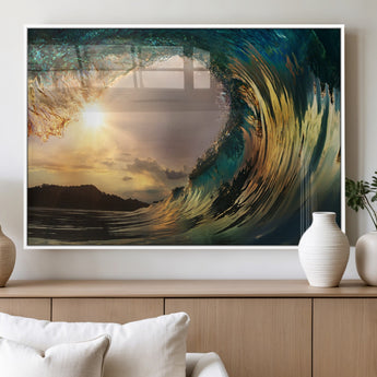 38256-MGV-FP-60X30-3P_White-Ocean Wave Wall Art – Stunning Sunrise Through Curling Wave Canvas Print, Coastal Surf Photography Seascape Decor for Living Room,