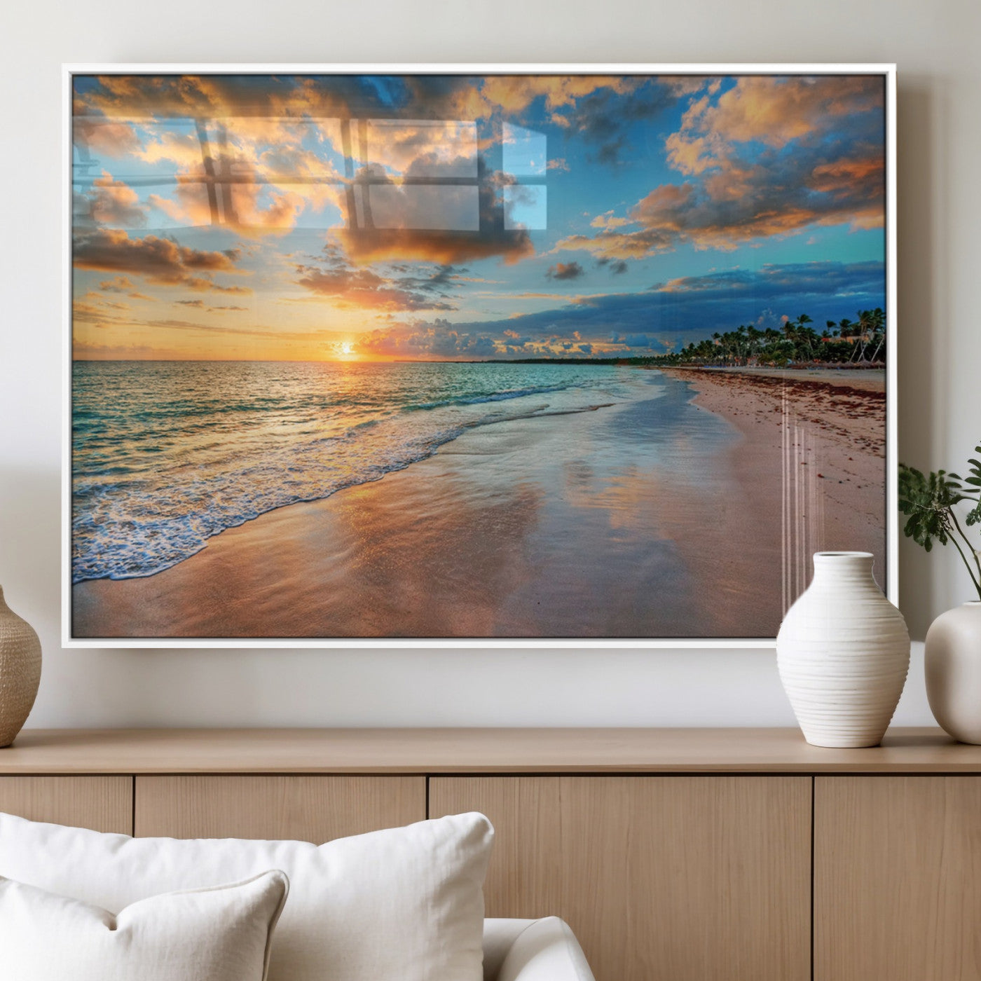 41572-MGV-FP-60X30-3P_White-Sunset Beach Wall Art – Ocean Waves and Palm Trees Canvas Print, Tropical Coastal Sunset Seascape Decor for Living Room, Bedroom