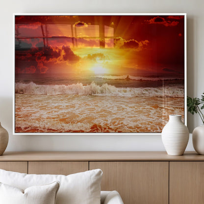 60211-MGV-FP-60X30-3P_White-Fiery Sunset Ocean Wall Art – Red Sky Seascape Canvas Print with Waves, Bold Coastal Sunset Decor for Living Room or Bedroom