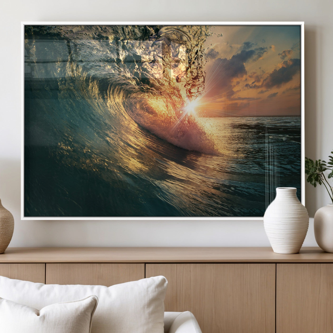 55359-MGV-FP-60X30-3P_White-Radiant Ocean Wave Wall Art – Panoramic Surf Canvas Print, Vibrant Sunset Beach Decor for Home, Office or Man Cave
