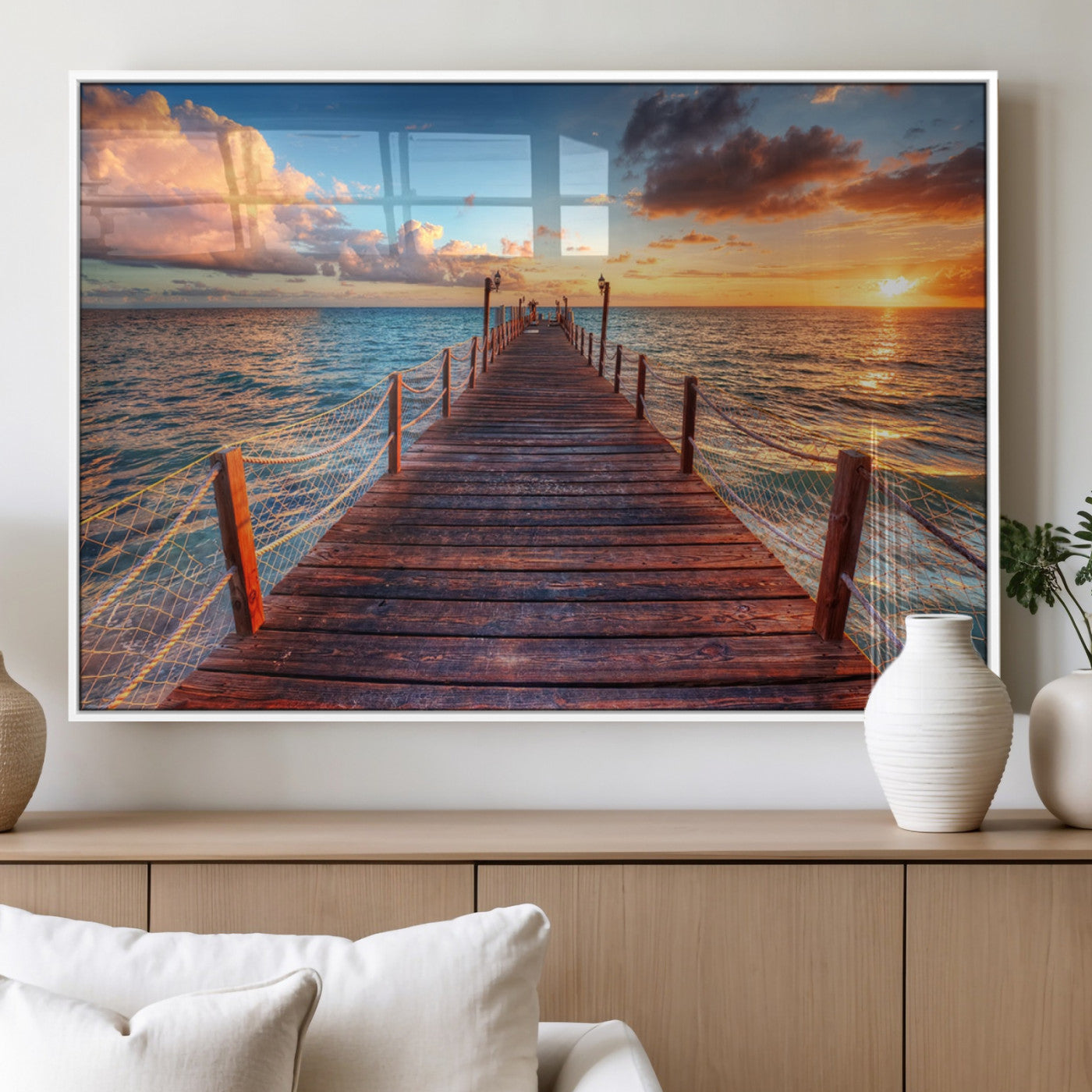 28836-MGV-FP-60X30-3P_White-Ocean Pier Sunset Wall Art – Wooden Dock and Golden Horizon Canvas Print, Coastal Seascape Photography for Living Room, Bedroom,
