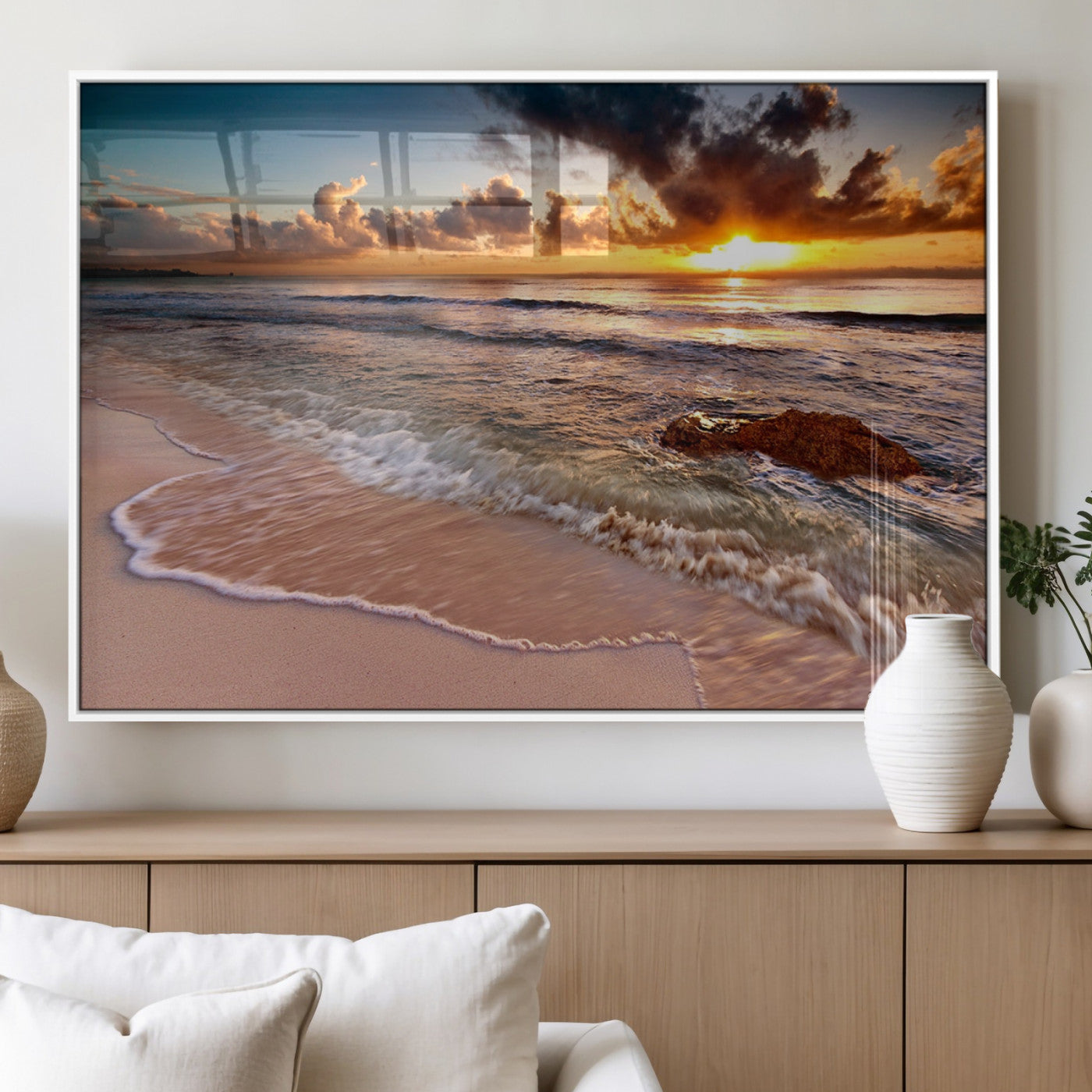 80979-MGV-FP-60X30-3P_White-Golden Sunrise Beach Wall Art – Ocean Waves and Sandy Shore Canvas Print, Coastal Sunset Photography Artwork for Living Room,