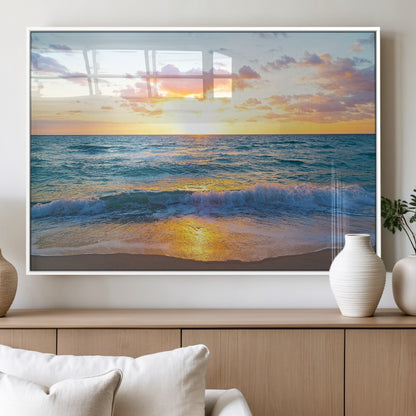 78006-MGV-FP-60X30-3P_White-Golden Sunrise Ocean Wall Art – Panoramic Beach Waves Canvas Print, Coastal Seascape Artwork for Living Room, Bedroom, Office, or