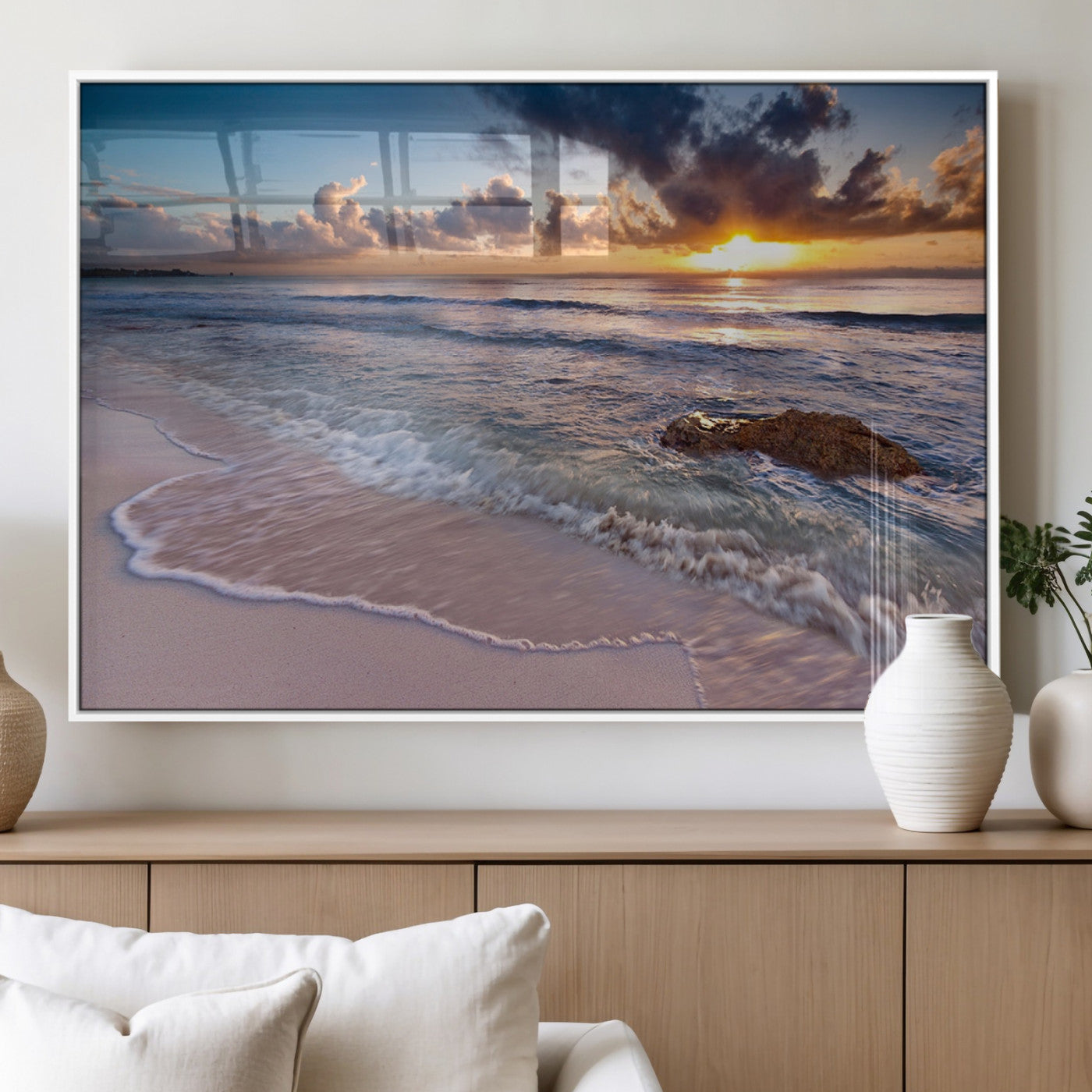94906-MGV-FP-60X30-3P_White-Sunrise Beach Wall Art – Panoramic Ocean Waves Canvas Print, Coastal Sunset Seascape Artwork for Living Room, Bedroom, or Office