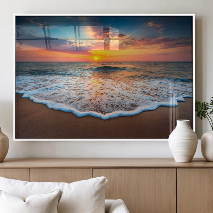 16110-MGV-FP-60X30-3P_White-Ocean Sunset Wall Art – Vibrant Beach Waves and Horizon Canvas Print, Relaxing Coastal Seascape Decor for Living Room or Bedroom